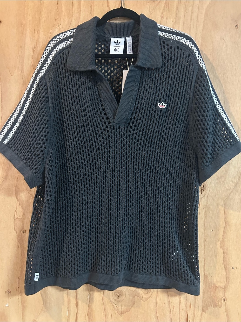 adidas x CLOT Black Short-Sleeve Mesh Polo with Signature Stripes
